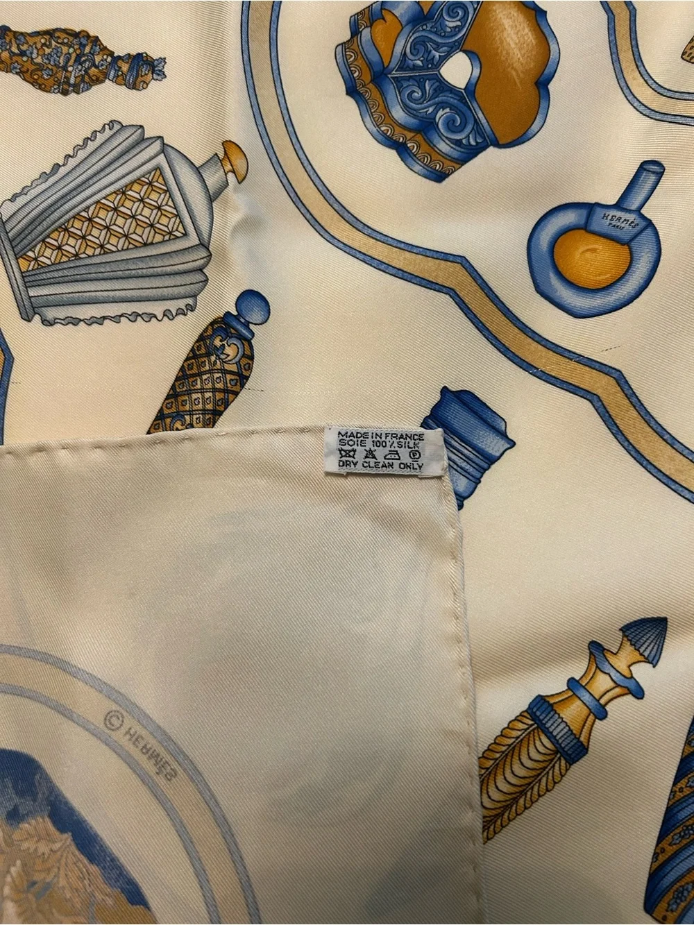 Vintage Hermes Cream, Blue and Gold Silk Scarf Carré 90